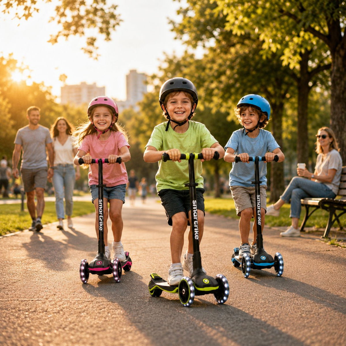 Kinder fahren gemeinsam mit mitwachsenden Scootern mit LED-Rädern im Park bei Sonnenuntergang – Alltagsszene mit Bewegung, Spaß und sicherem Fahrgefühl für Kinder