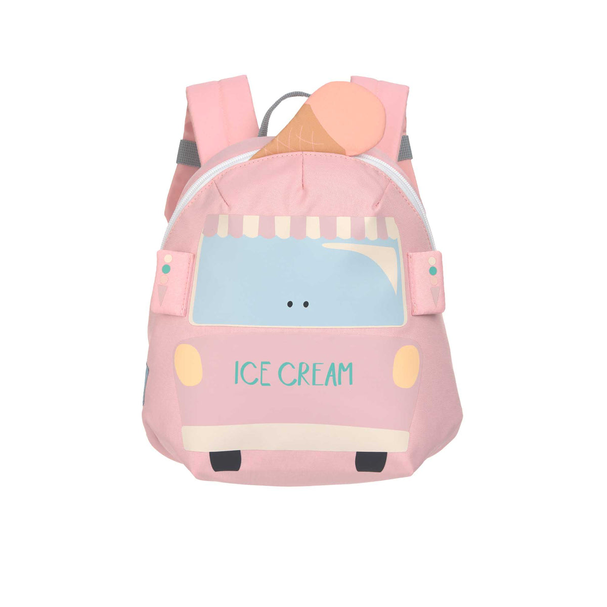 Lässig Kinderrucksack Tiny Drivers Eiswagen Rosa mit Brustgurt und Namensschild