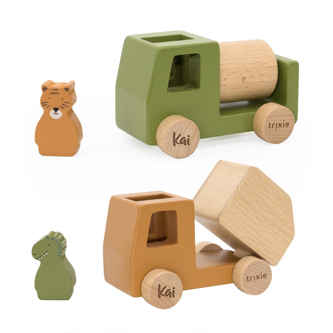 Trixie Set mit zwei Holz-Baufahrzeugen und Tieren