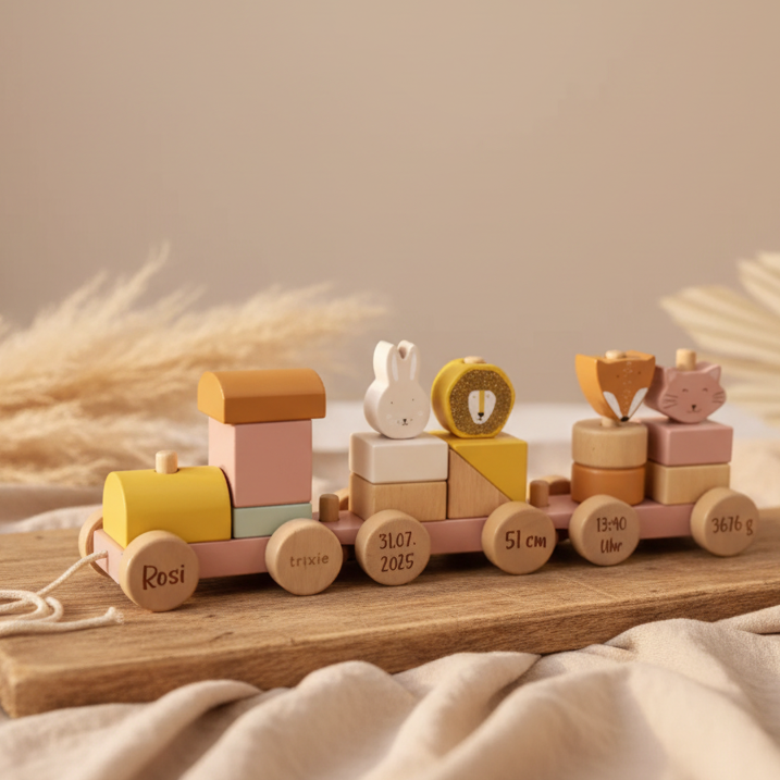 Personalisierter Holz-Zug zur Geburt mit Namen und Geburtsdaten – Holz-Eisenbahn mit Tieren von Trixie