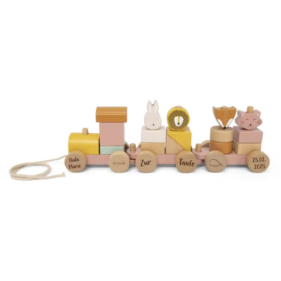Trixie Personalisierter Holz-Zug Tiere Frau Katze – Geschenk zur Taufe – mit Namensgravur und Tierfiguren