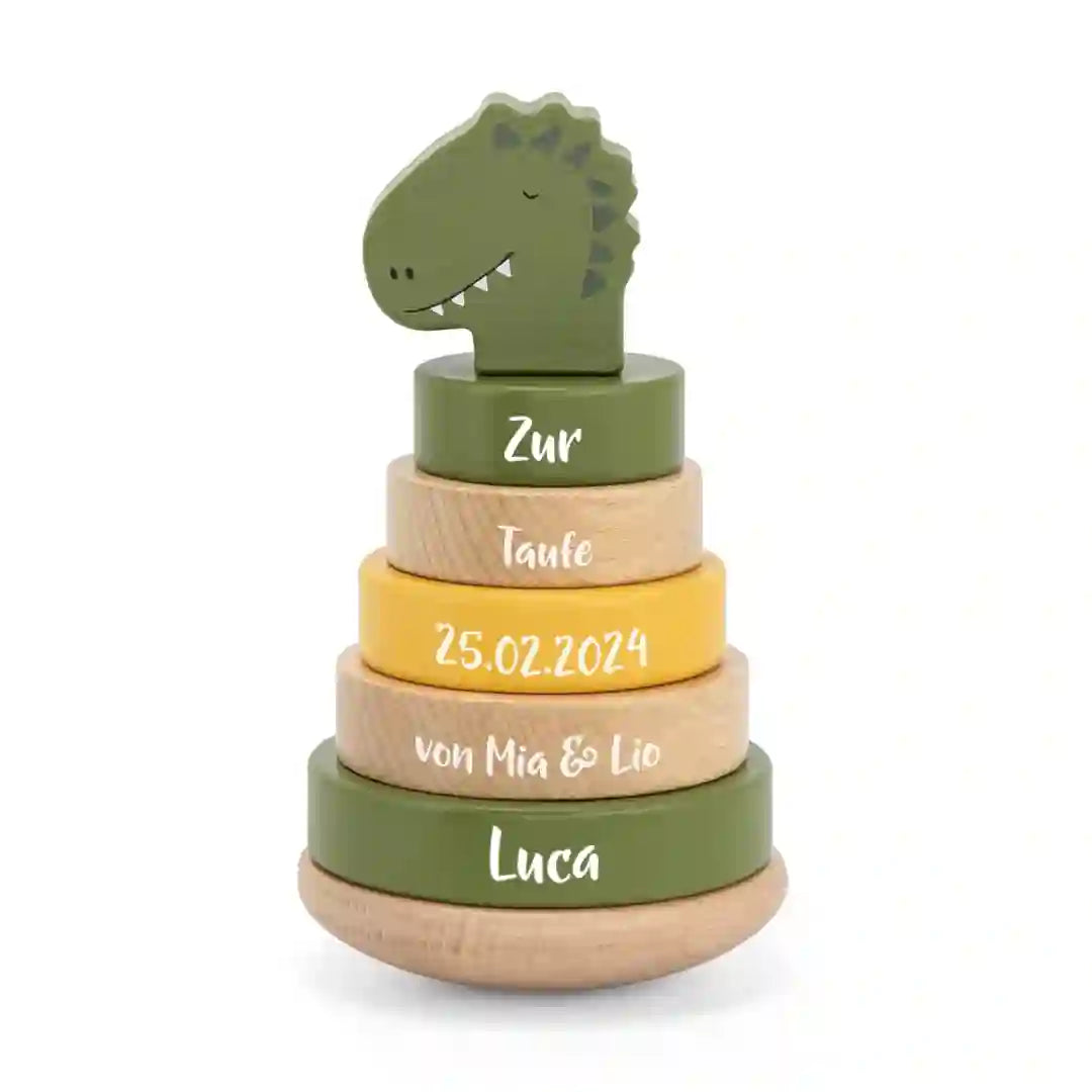 Personalisierter Trixie Holz-Stapelturm Herr Dino zur Taufe mit Name und Taufdatum – Geschenk für Kinder