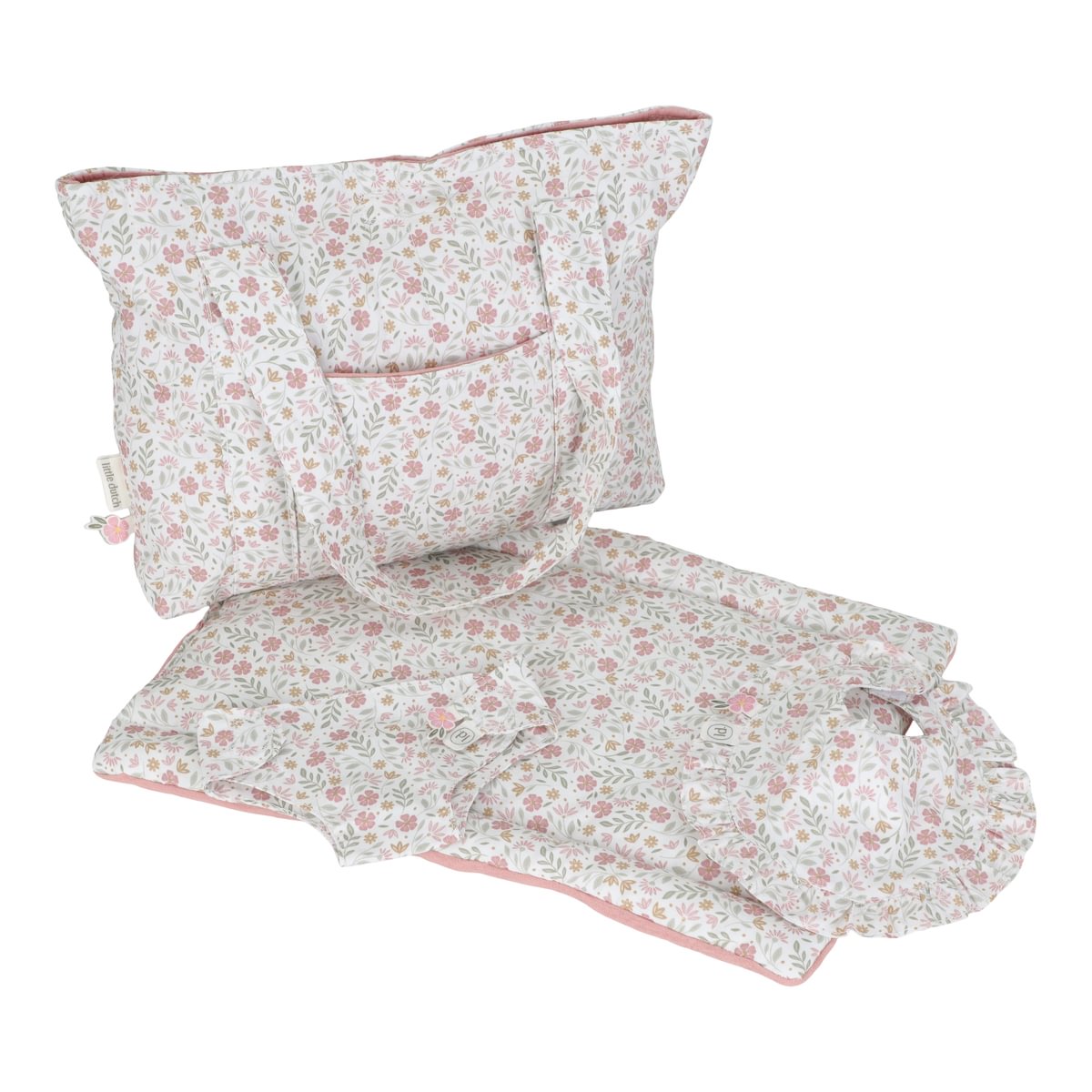 Puppenwickeltasche Soft Flowers geöffnet mit Zubehör für Babypuppen