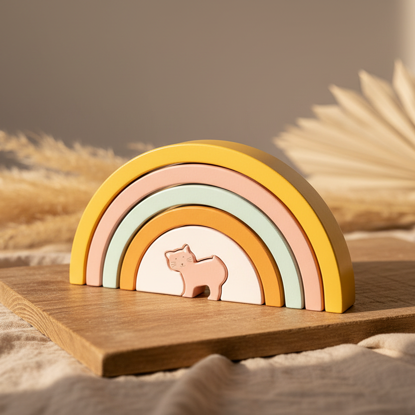 Trixie Regenbogen-Stapelspiel aus Holz – Frau Katze – mit zusammengesetzten Regenbogenbögen