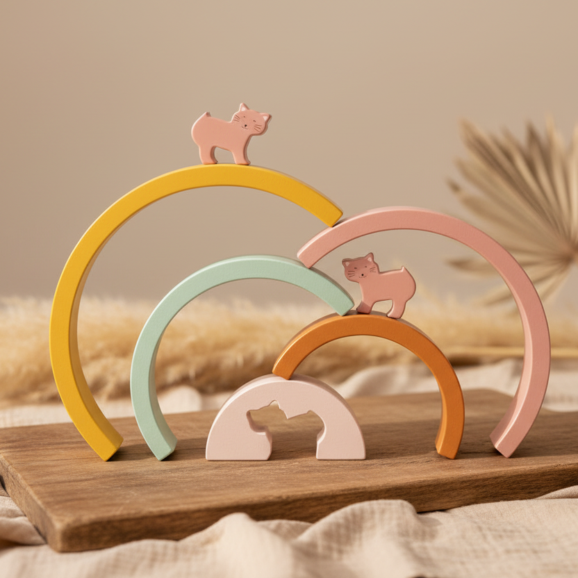 Trixie Regenbogen-Stapelspiel aus Holz – Frau Katze – mit getrennten Regenbogenbögen in einer Szene