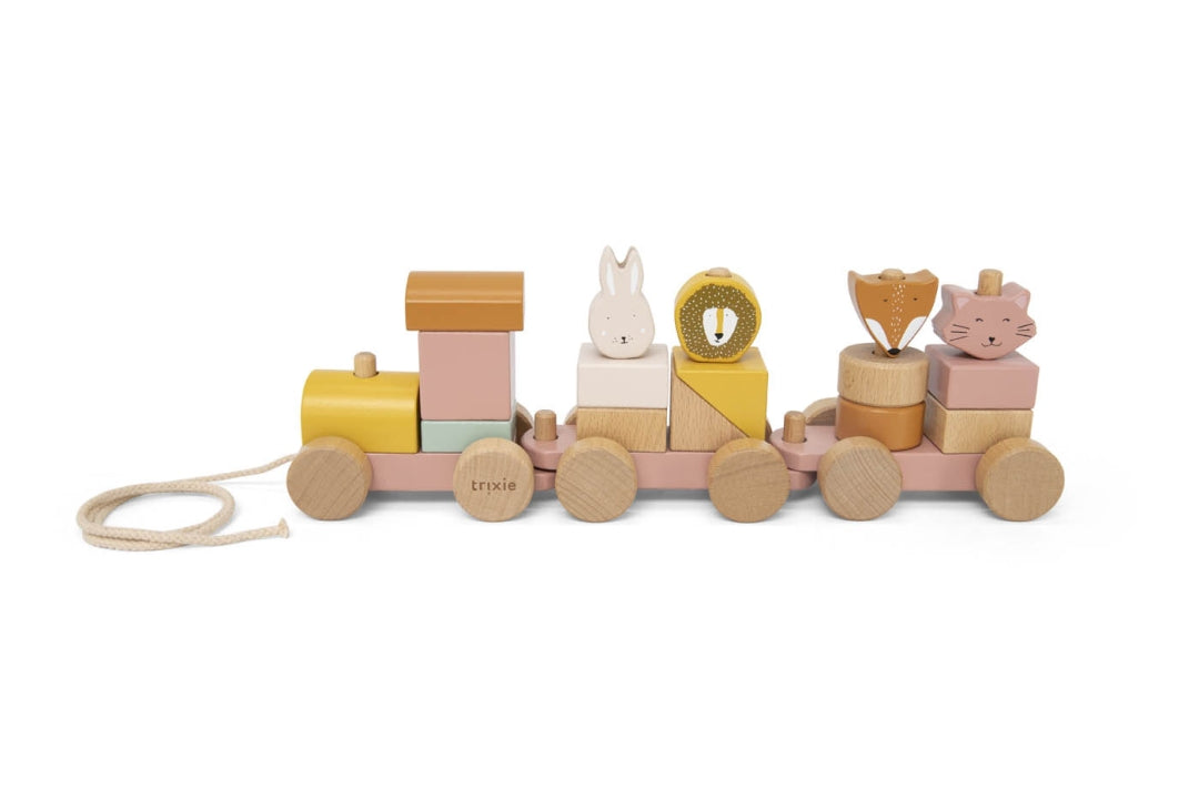 Trixie Personalisierter Holz-Zug Tiere Frau Katze – Geschenk zur Taufe – mit Tierfiguren und Stapelsteinen