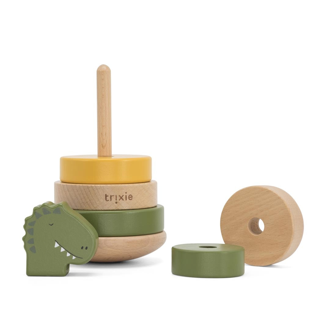 Trixie Personalisierter Holz Stapelturm Herr Dino – Geschenk zur Geburt – mit abgenommenen Stapelringen und Dinofigur
