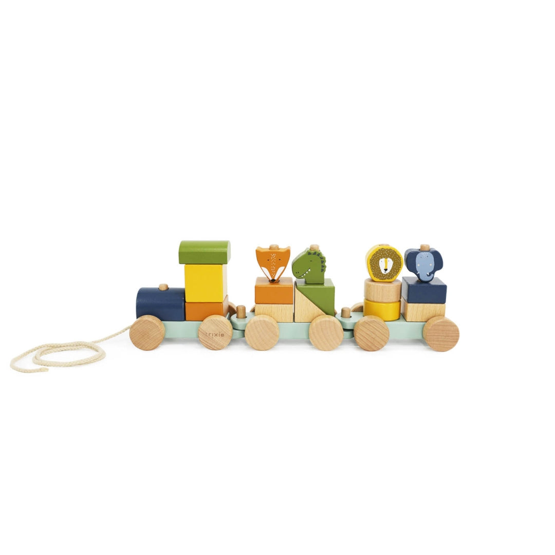Trixie Personalisierter Holz-Zug Tier – Geschenk zur Taufe – mit Tierfiguren und Stapelsteinen