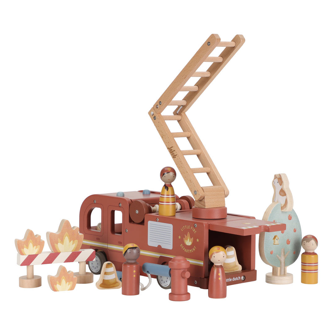 Holz-Feuerwehrauto mit vier Feuerwehrfiguren und Zubehör