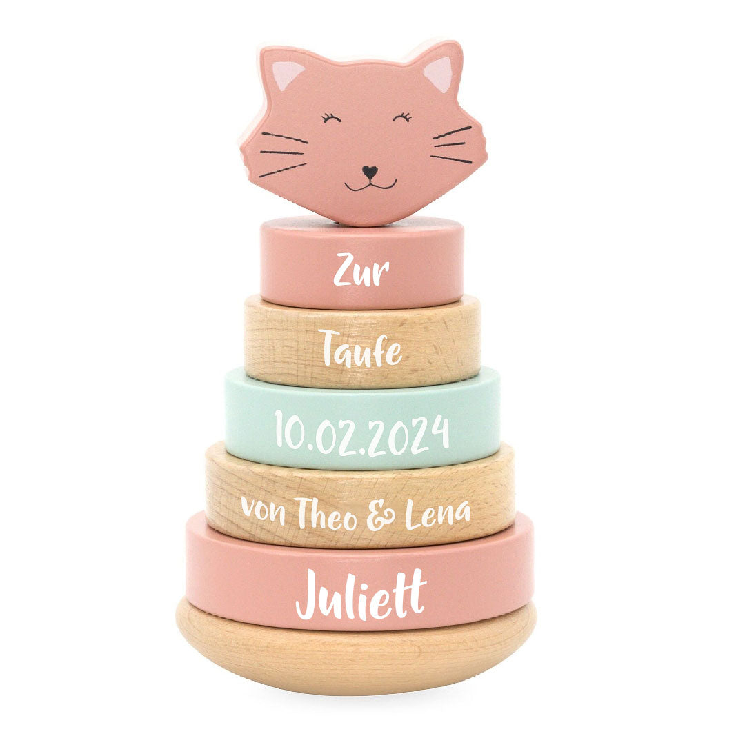 Personalisierter Holz-Stapelturm Frau Katze zur Taufe mit Name und Taufdatum