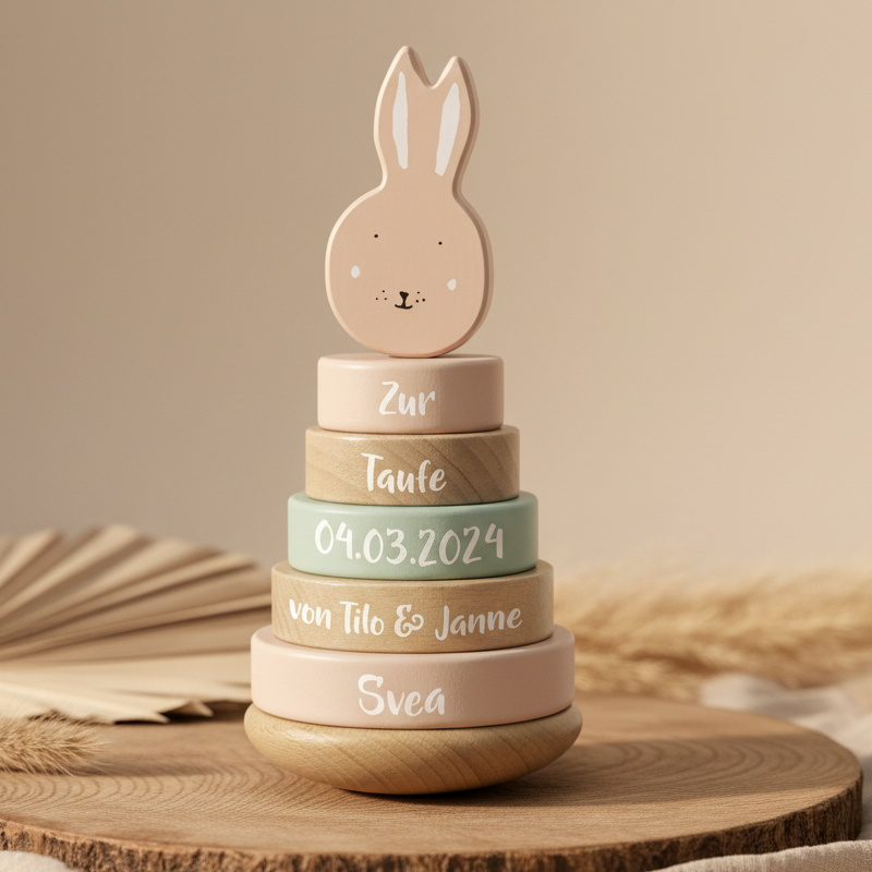 Stapelturm Frau Hase zur Taufe personalisiert mit Name und Taufdatum – Geschenk aus Holz