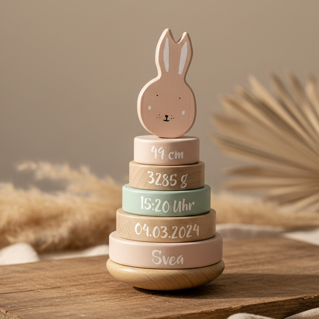 Trixie Stapelturm Frau Hase Holz Zur Geburt – mit Name und Geburtsdaten auf einer Holzfläche