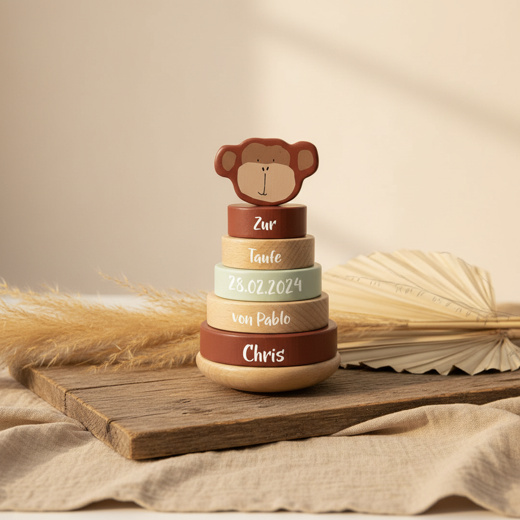 Personalisierter Holz-Stapelturm Affe zur Taufe mit Name und Taufdatum