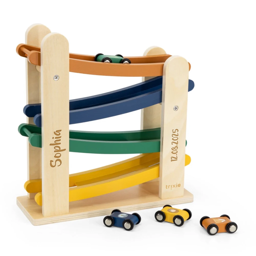 Trixie Holz-Rennbahn mit 4 Autos – mit Namensgravur und vier Spielautos