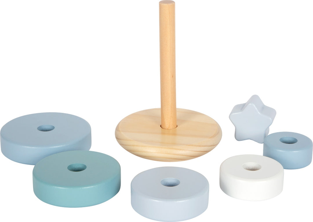 Sieben Einzelteile des blauen small foot Stapelturms 12712 mit Stern