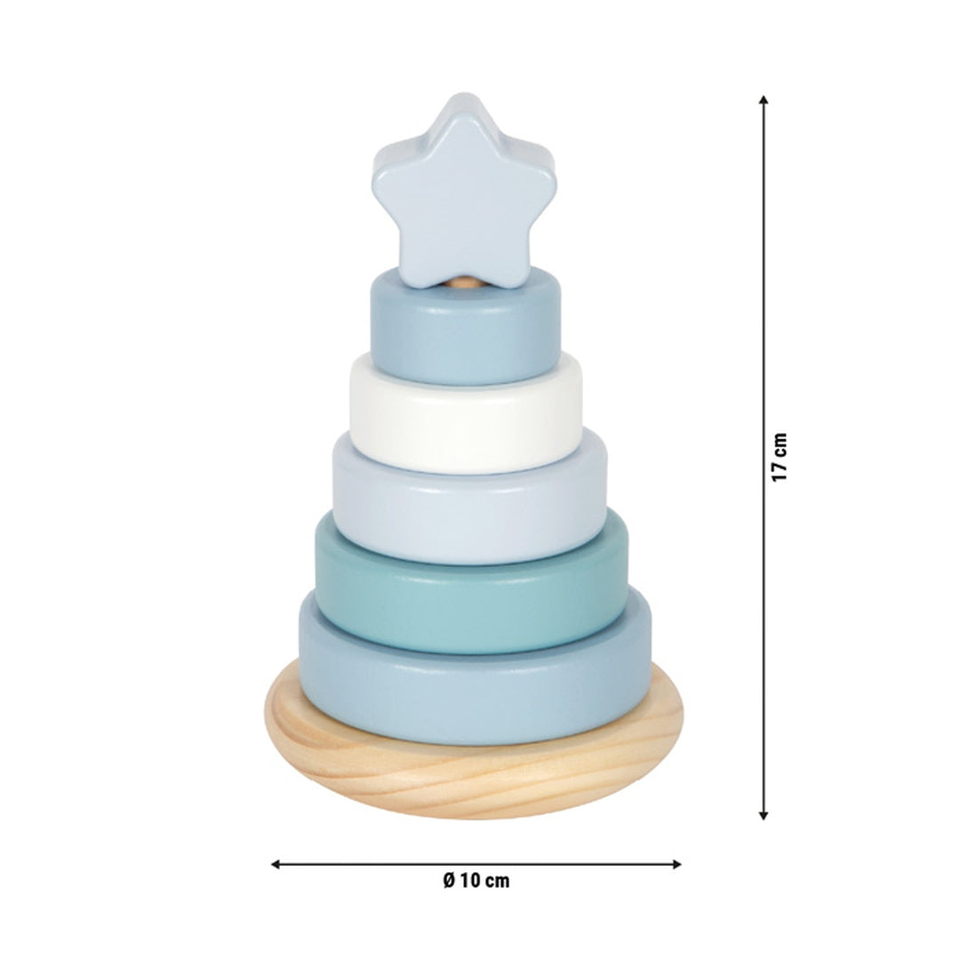 Maßskizze des blauen small foot Stapelturms 12712 mit 17 cm Höhe und 10 cm Durchmesser