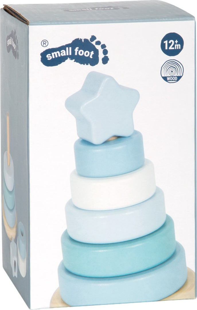 Blauer Holz-Stapelturm mit Stern von small foot in der Produktverpackung