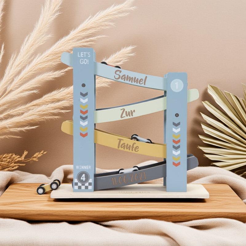 Personalisierte blaue Little Dutch Kugelbahn zur Taufe aus Holz