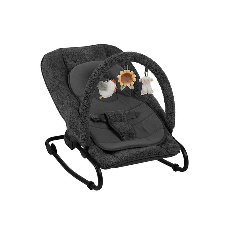 Little Dutch Babywippe Grau mit Spielbogen und drei Little Farm Spielzeugen