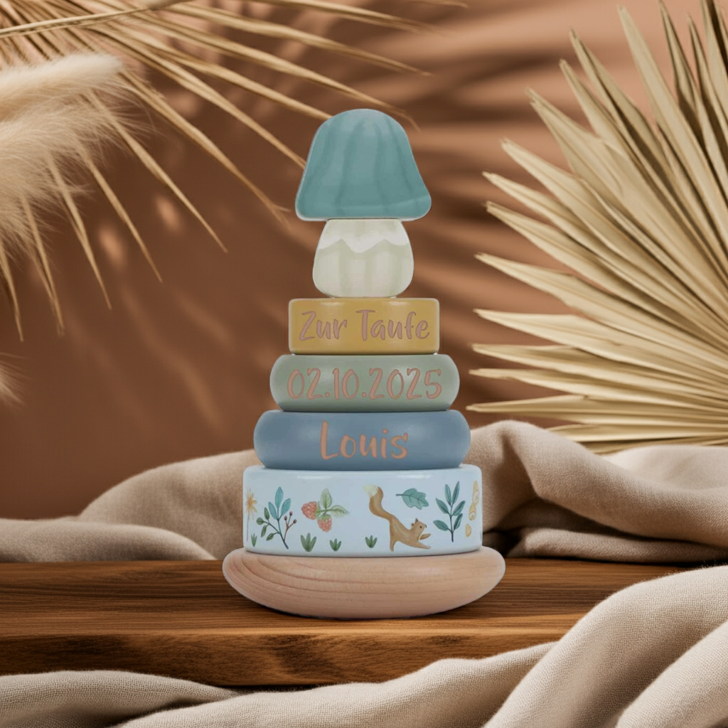 Torre apilable de madera con anillas Forest Friends "Para el bautizo" | Little Dutch