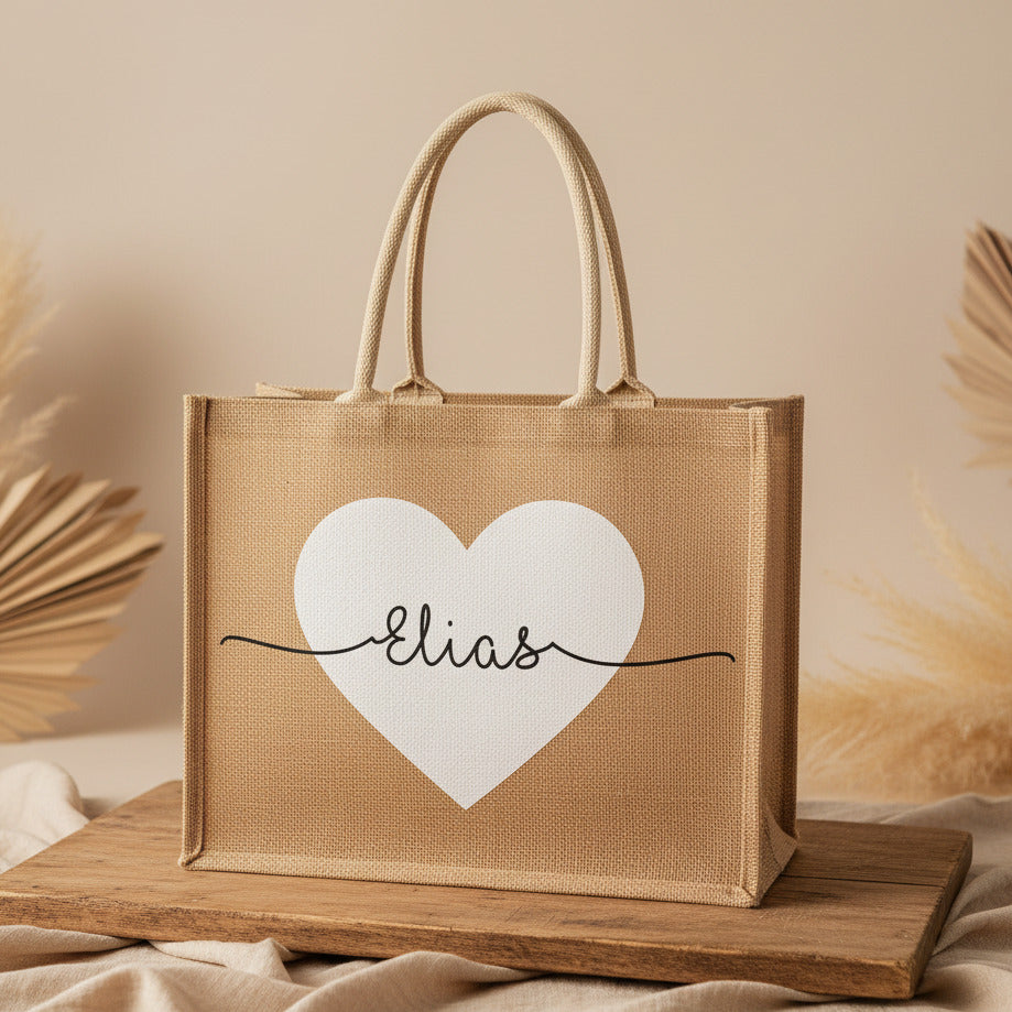 Sac en jute personnalisé avec cœur et nom | Schmatzepuffer®