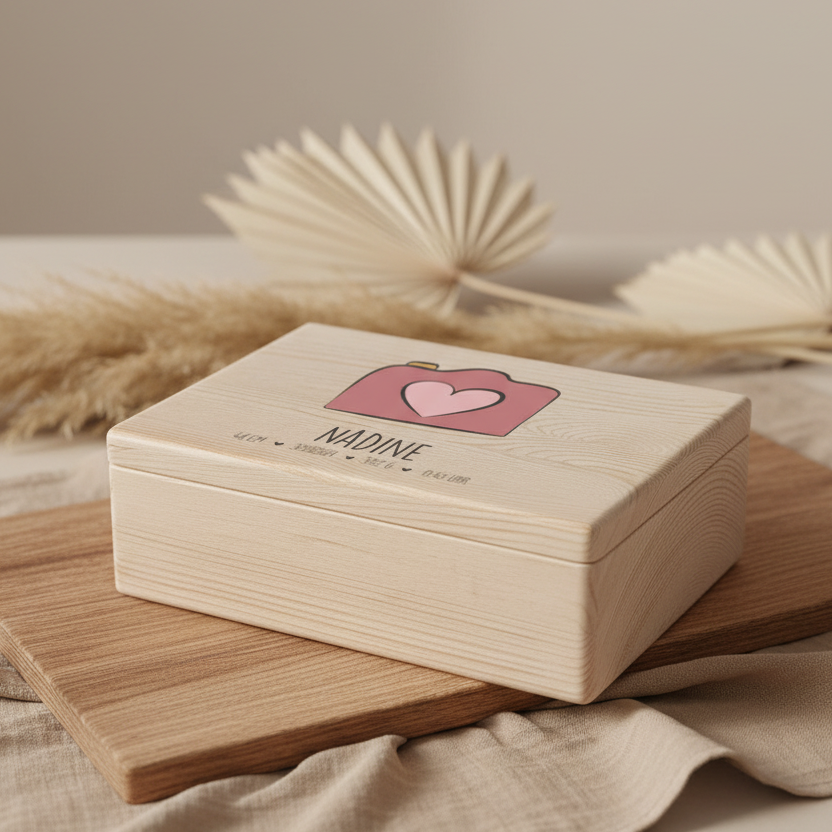 Personalisierte Erinnerungsbox aus Holz mit Kamera-Motiv für Erinnerungen an die Geburt