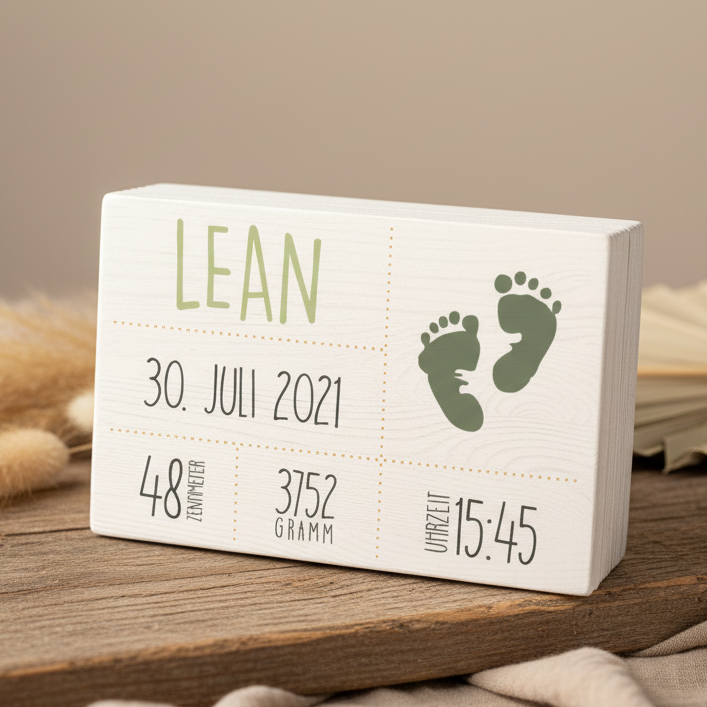 Personalisierte Erinnerungsbox aus Holz zur Geburt mit Name und Geburtsdaten – farbiges Motiv