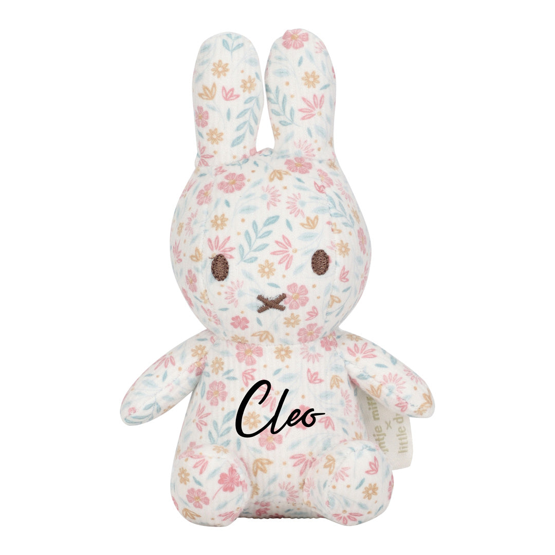 Personalisiertes Miffy Kuscheltier Lucky Blossom 15 cm mit Name per Plott – kleiner rosa Hase mit All-over-Blumenmuster für Babys
