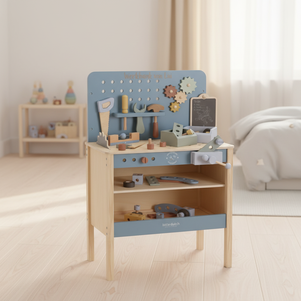 Holz-Werkbank in Blau personalisiert mit Gravur – Little Dutch
