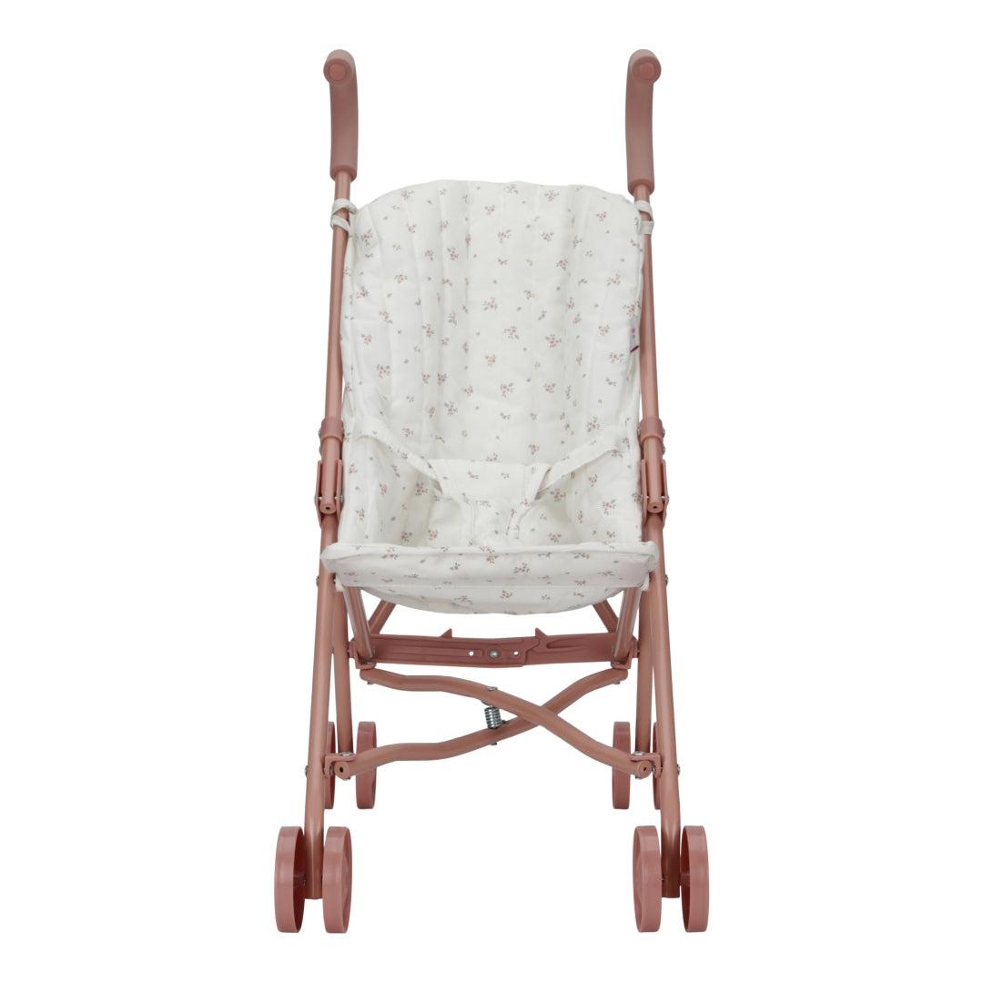Little Dutch Metall-Puppenbuggy mit Buggytasche – Detailansicht des rosa-weißen Puppenwagens mit sicherem Gurt