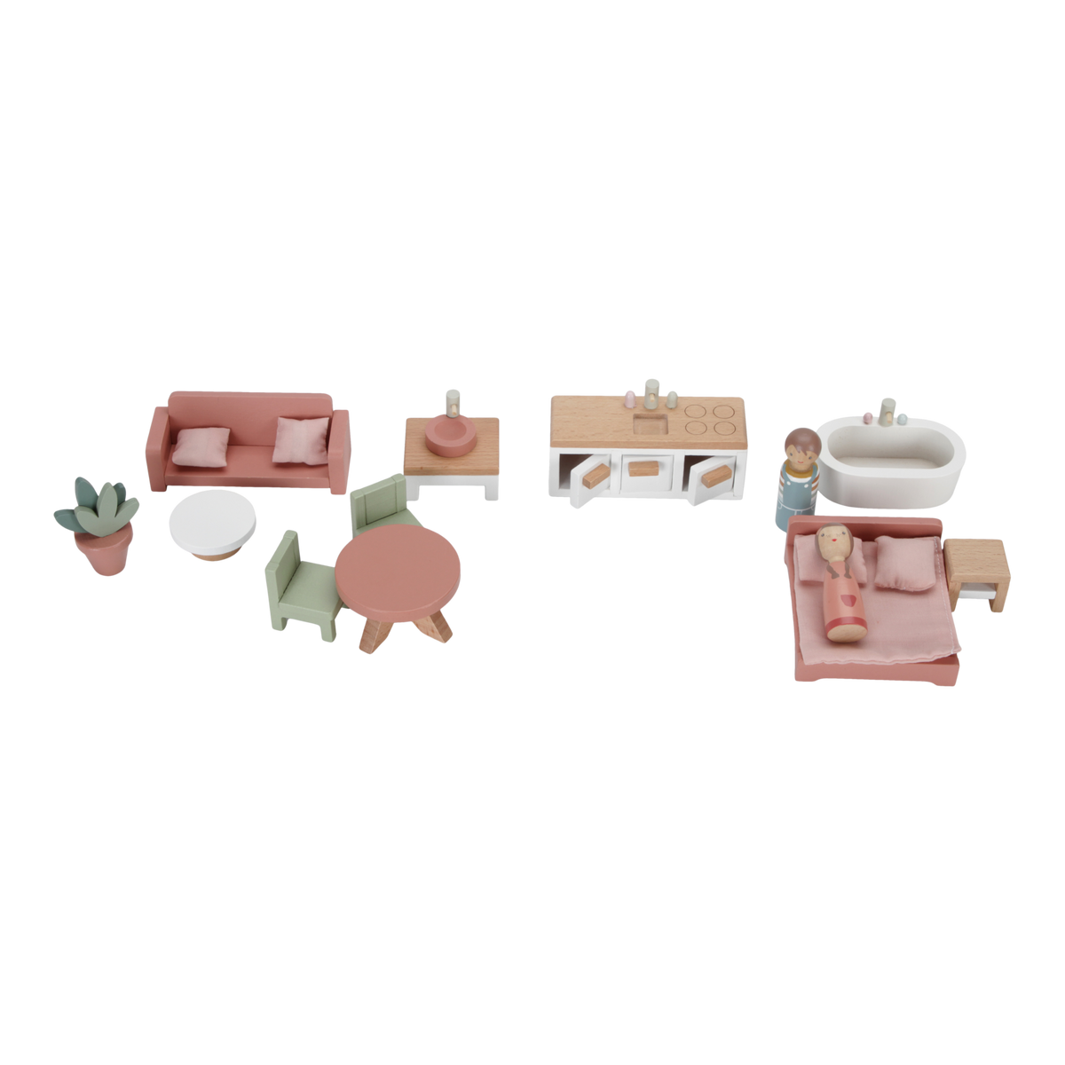 Little Dutch tragbares Puppenhaus – Detailansicht des rosa Holz-Spielhauses mit aufklappbarem Innenbereich und liebevoll gestalteten Zimmern