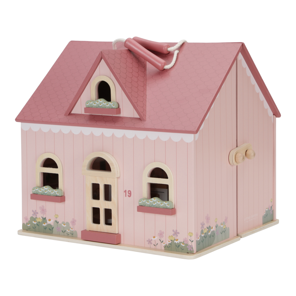 Little Dutch tragbares Puppenhaus aus Holz in Pink – weitere Ansicht des Spielhauses mit Griff, Möbeln und mehreren eingerichteten Räumen