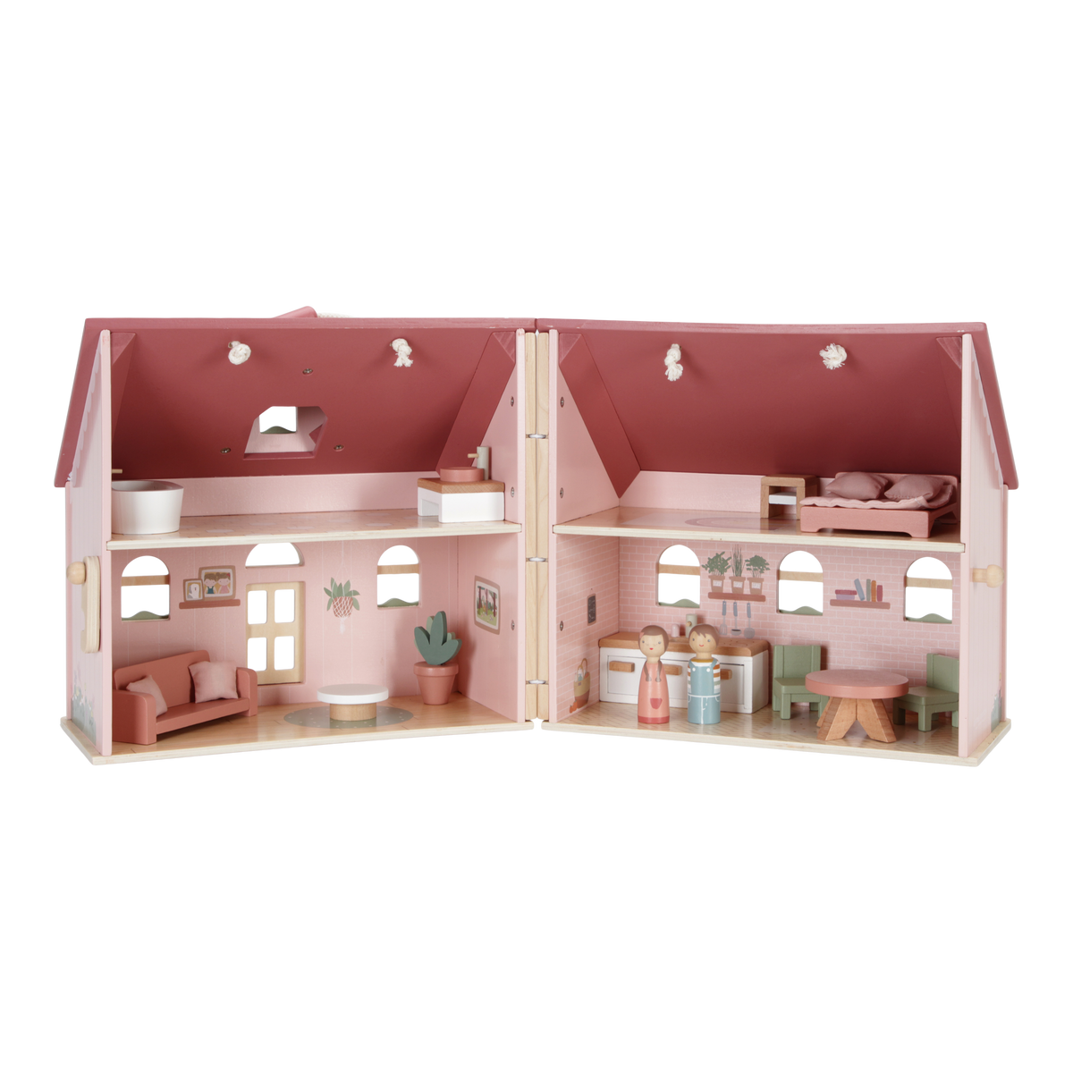 Little Dutch tragbares Puppenhaus aus Holz – weitere Innenansicht des rosa Spielhauses mit Möbeln und detailreichen Räumen