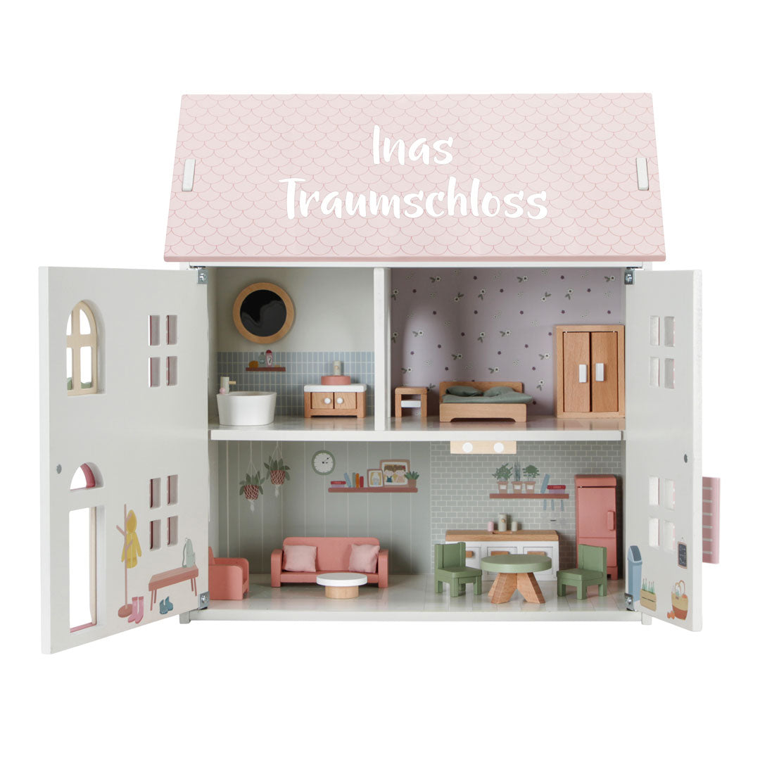 Personalisiertes Little Dutch Puppenhaus aus Holz mit Name im Druckverfahren – weiß-rosa Spielhaus als individuelles Geschenk für Kinder