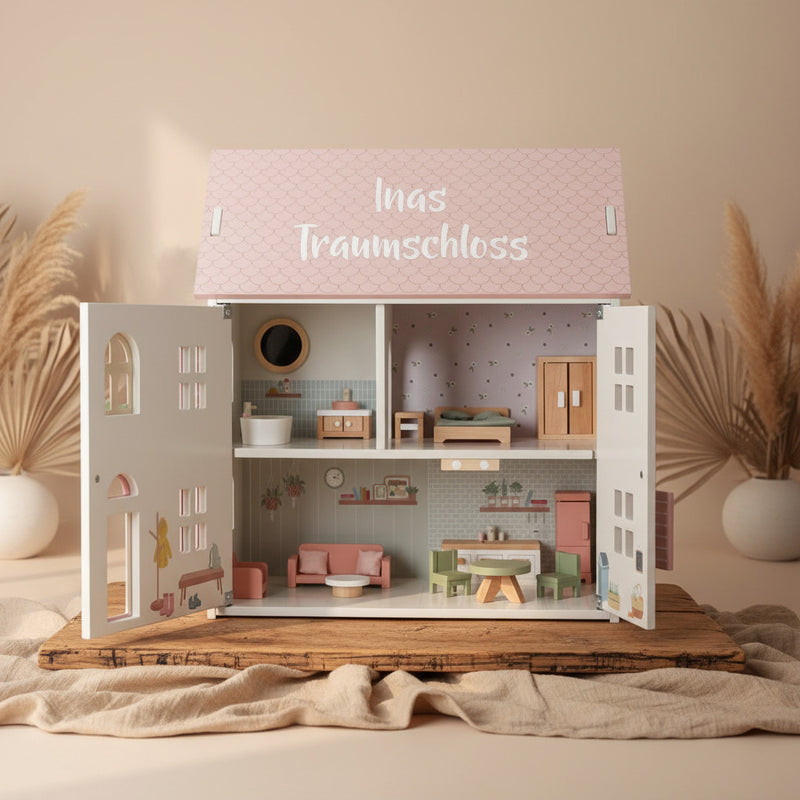 Personalisierbares Little Dutch Holz-Puppenhaus in Weiß und Rosa ab 3 Jahren