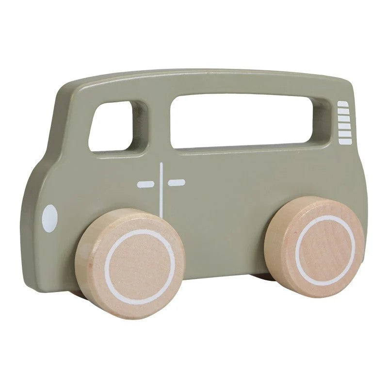 Little Dutch Holzbus Olive – grünes Holzfahrzeug mit leichtgängigen Rädern für Kinder ab 12 Monaten und fantasievolle Fahrspiele