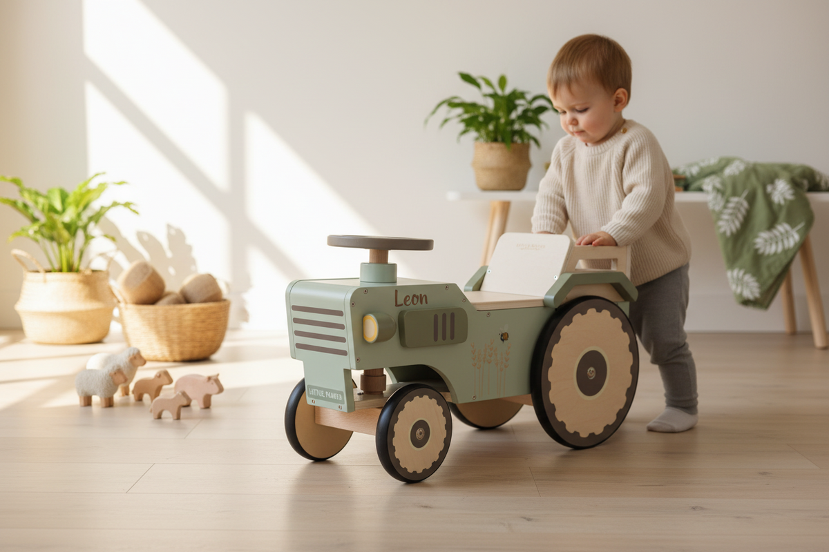 Little Farm Lauftraktor aus Holz, personalisierbar mit dem Namen des Kindes