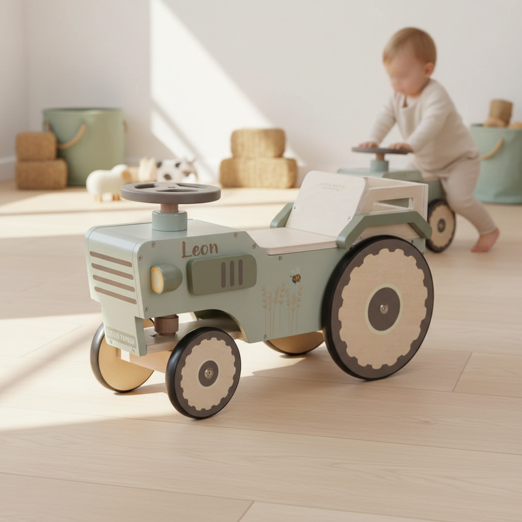 Lauftraktor aus Holz mit Lasergravur und personalisiertem Namen