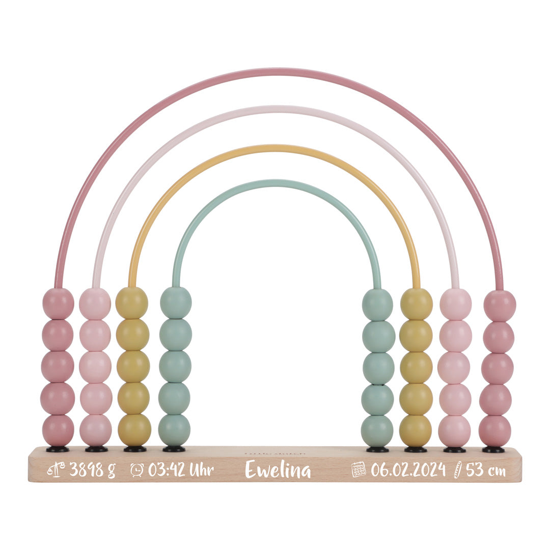 Personalisierter Little Dutch Regenbogen-Abakus Fairy Garden mit individuellen Daten im Druck – pinkes Holzspielzeug zum Zählenlernen