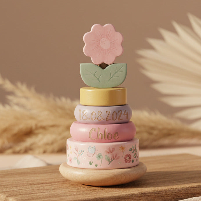 Personalisierter Holz-Stapelturm zur Geburt – Fairy Garden