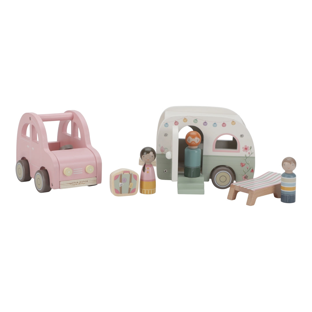 Little Dutch Spielzeugauto mit Wohnwagen – Holz-Rollenspielset mit rosa Auto, Caravan und drei Figuren für Kinder ab 18 Monaten