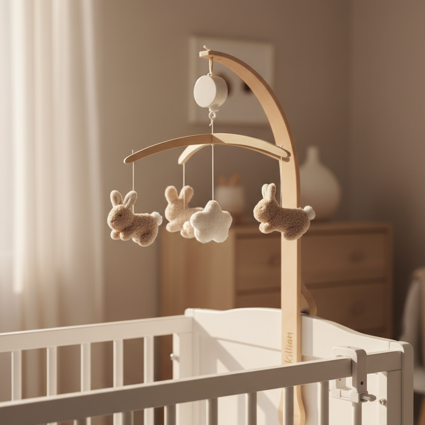 Personalisiertes Musik-Mobile Baby Bunny mit Name, vier Hasen und Wolke