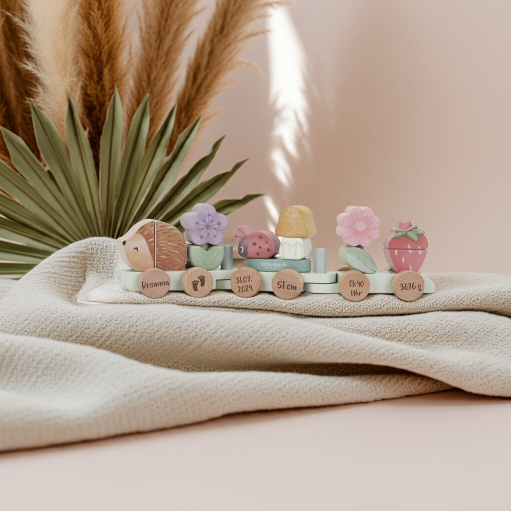 Personalisierter Holzzug Igel zur Geburt – Fairy Garden