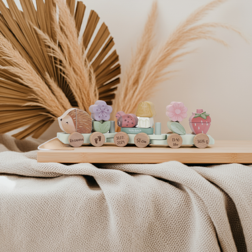 Personalisierter Holzzug Igel zur Geburt – Fairy Garden