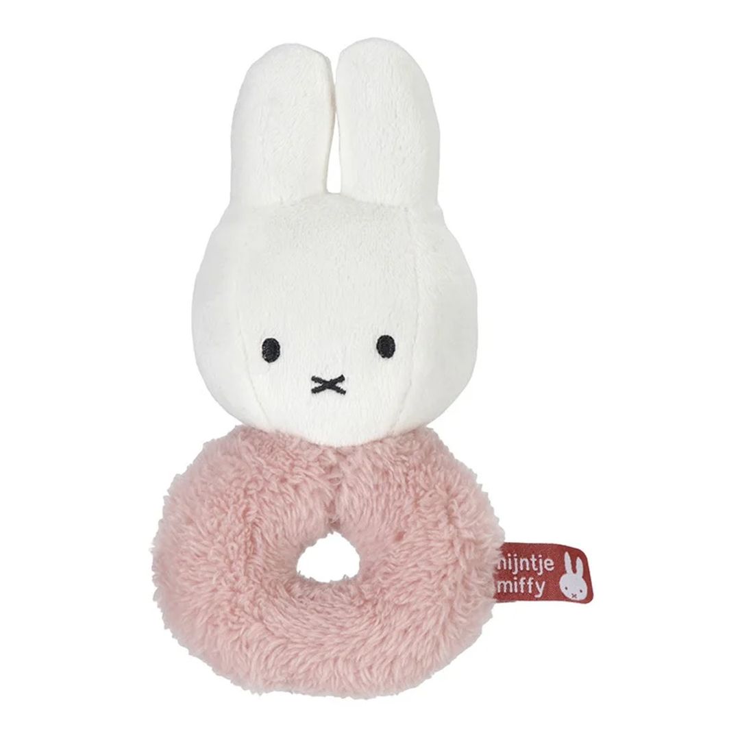 Miffy x Tiamo Rassel-Greifling Fluffy Pink – weiche rosa Baby-Rassel mit Glocke zum Greifen und Kuscheln