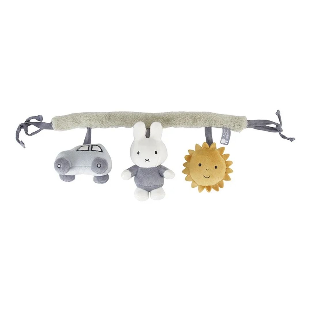 Blaue Kinderwagenkette Fluffy mit Rassel, Quietscher und Knisterelement