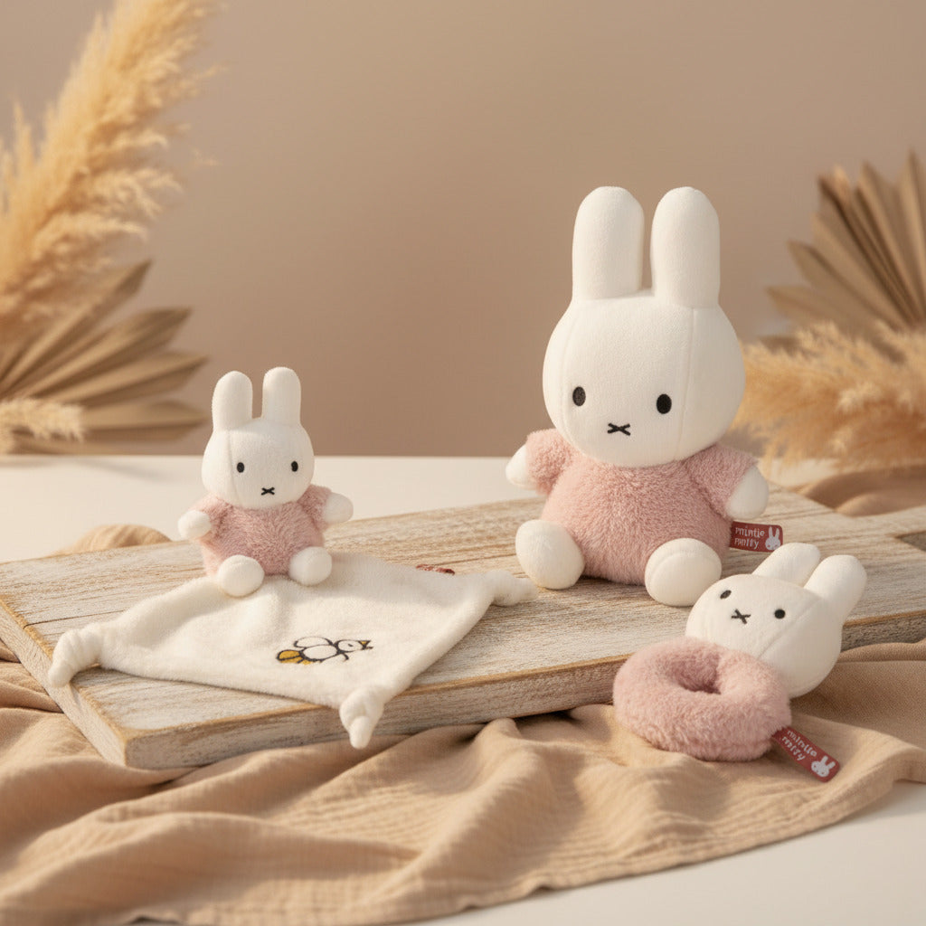 Miffy x Tiamo Geschenkset Fluffy Pink – dreiteiliges Babyset mit Greifrassel, Schnuffeltuch und flauschigem Kuscheltier ab Geburt