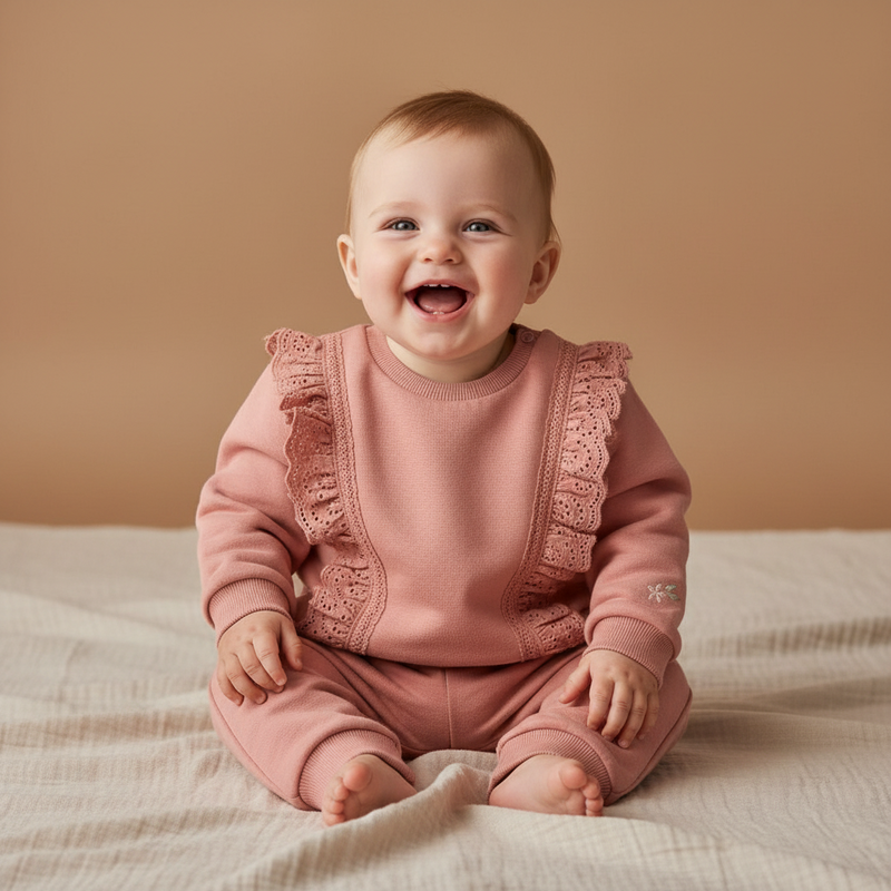 Pullover Warm Pink von Little Dutch mit Rüschen und Blumenstickerei – Produktansicht