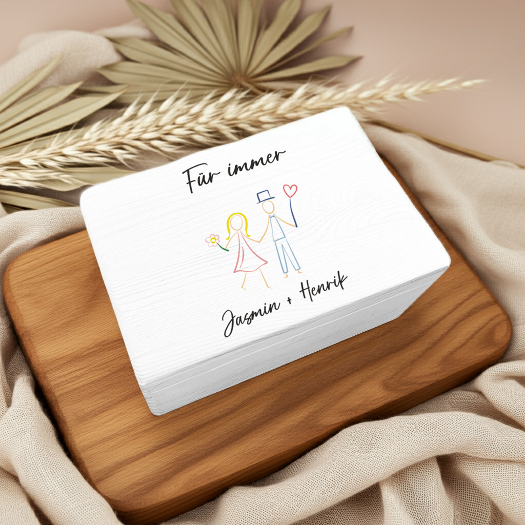 Personalisierte weiße Erinnerungsbox XL zur Hochzeit mit Namen und Hochzeitsdatum