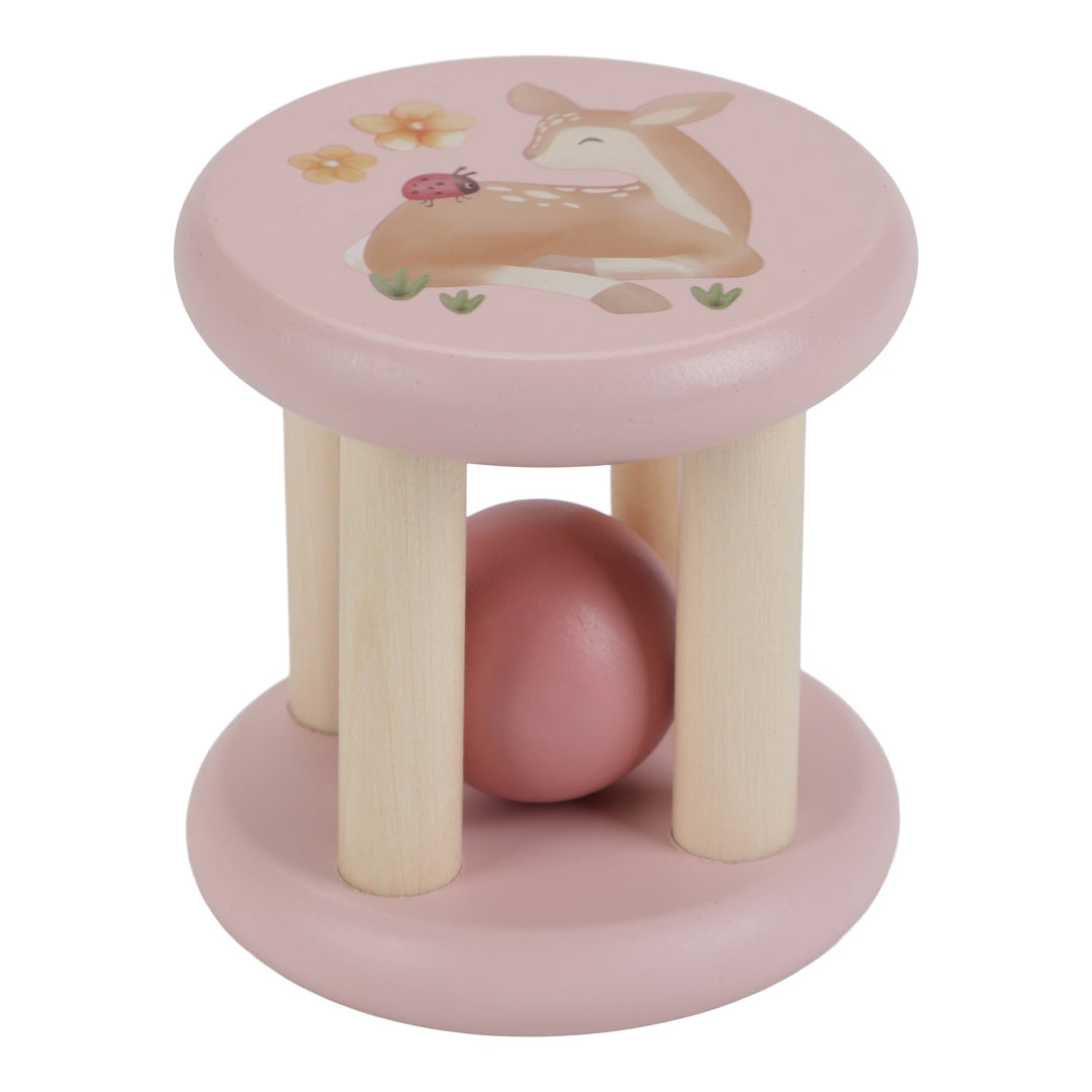 Little Dutch Fairy Garden Rassel aus Holz – Detailansicht der pinken Rollrassel zur Förderung von Greifen und Hand-Augen-Koordination